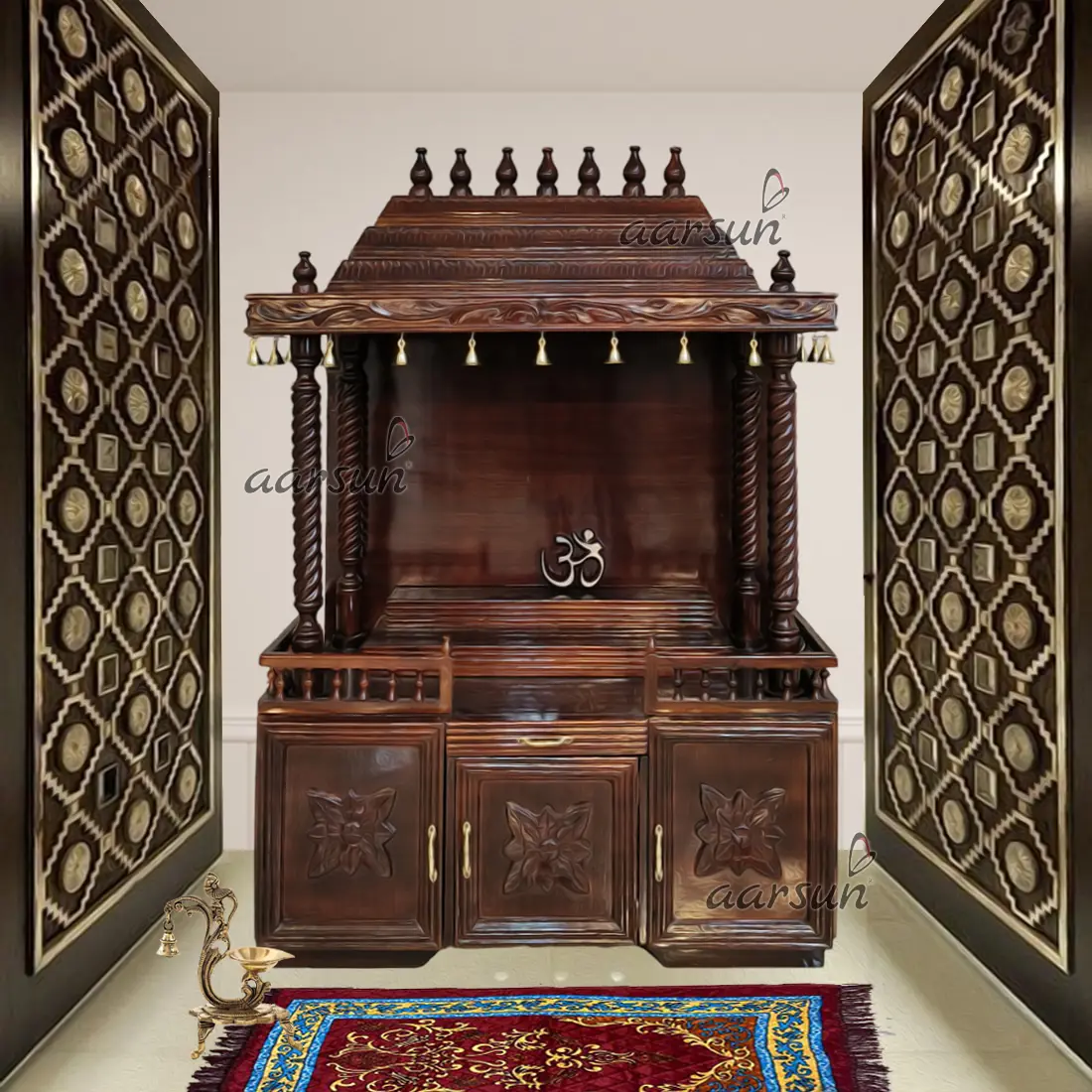 Wooden Temple with Brass Bells / Pooja Ghar MNDR-0403 View 7