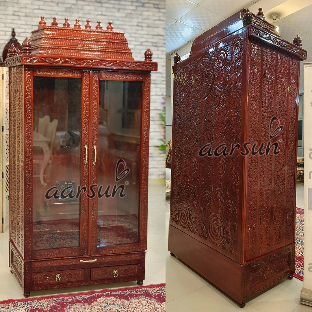 Carved Pooja Mandir with Cabinets and Glass Doors View 2