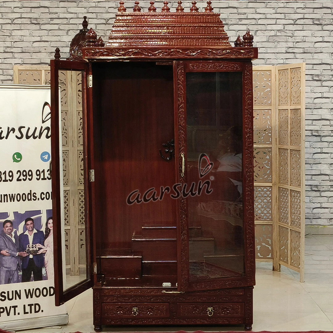Carved Pooja Mandir with Cabinets and Glass Doors View 5