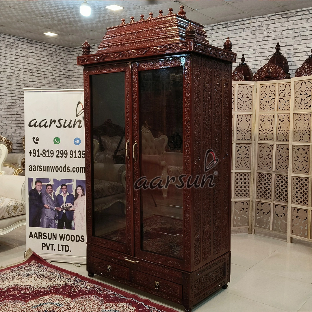 Carved Pooja Mandir with Cabinets and Glass Doors View 7