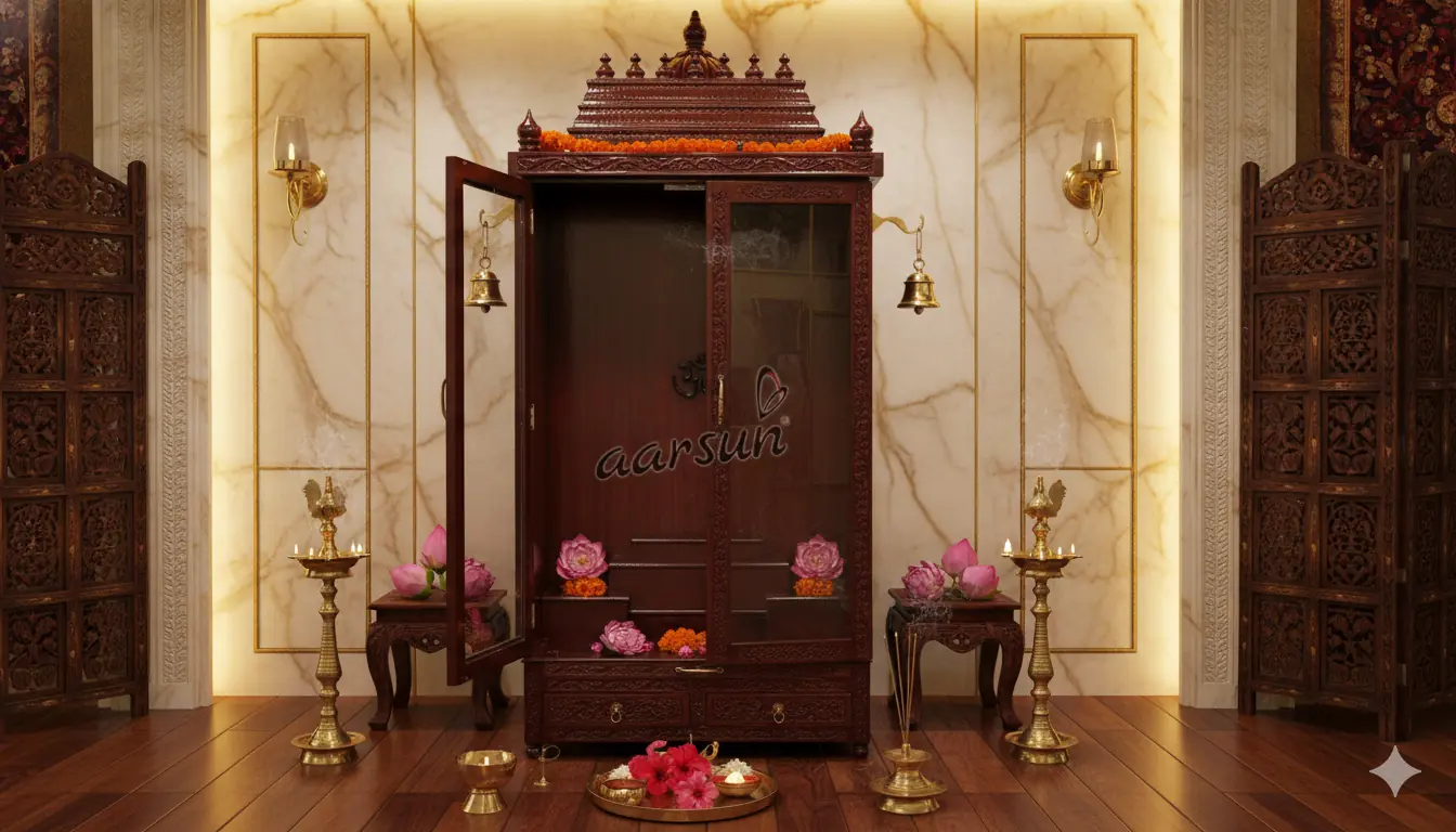 Carved Pooja Mandir with Cabinets and Glass Doors