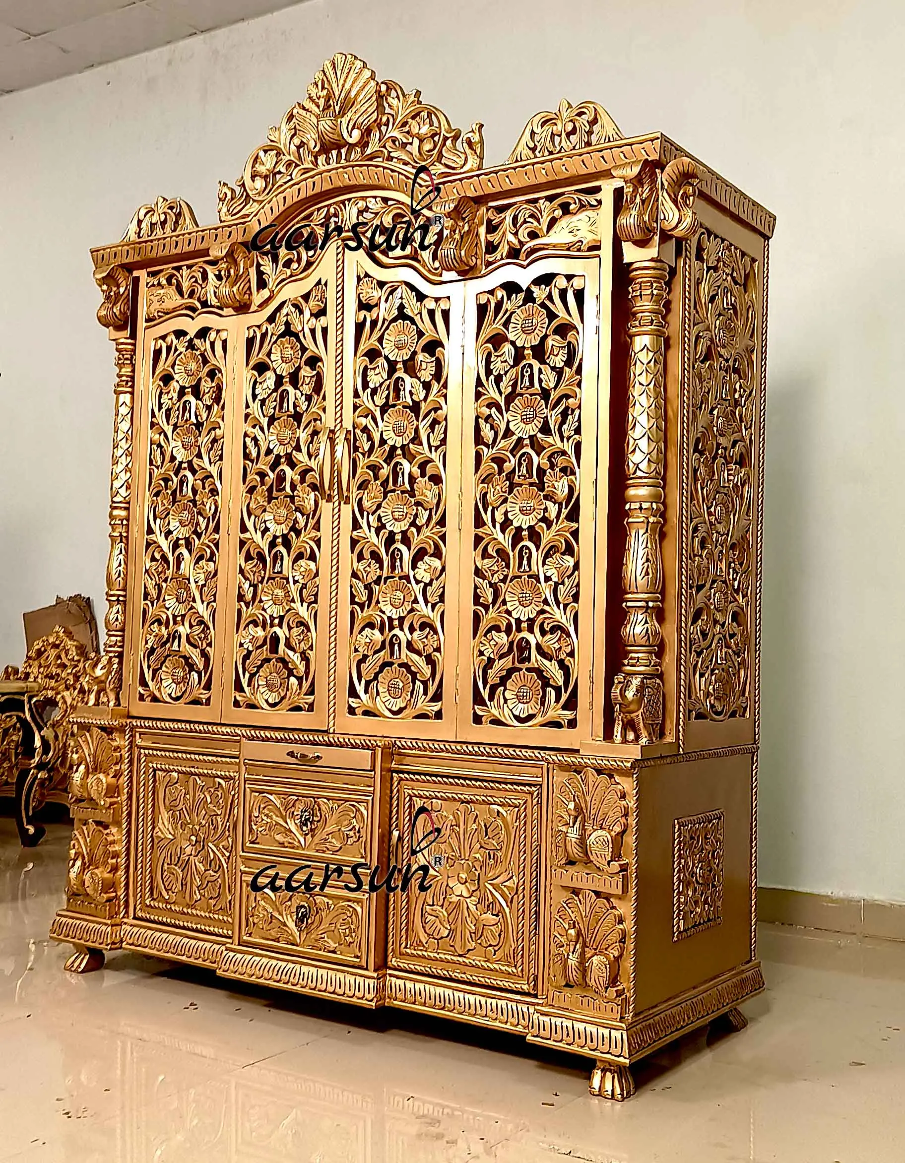 Carved Pooja Temple in Antique Gold YT-672 View 2