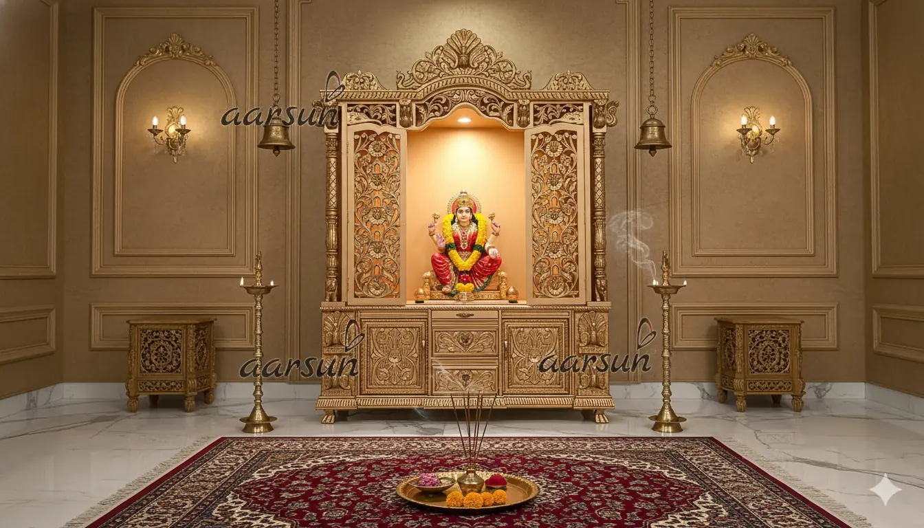 Carved Pooja Temple in Antique Gold YT-672