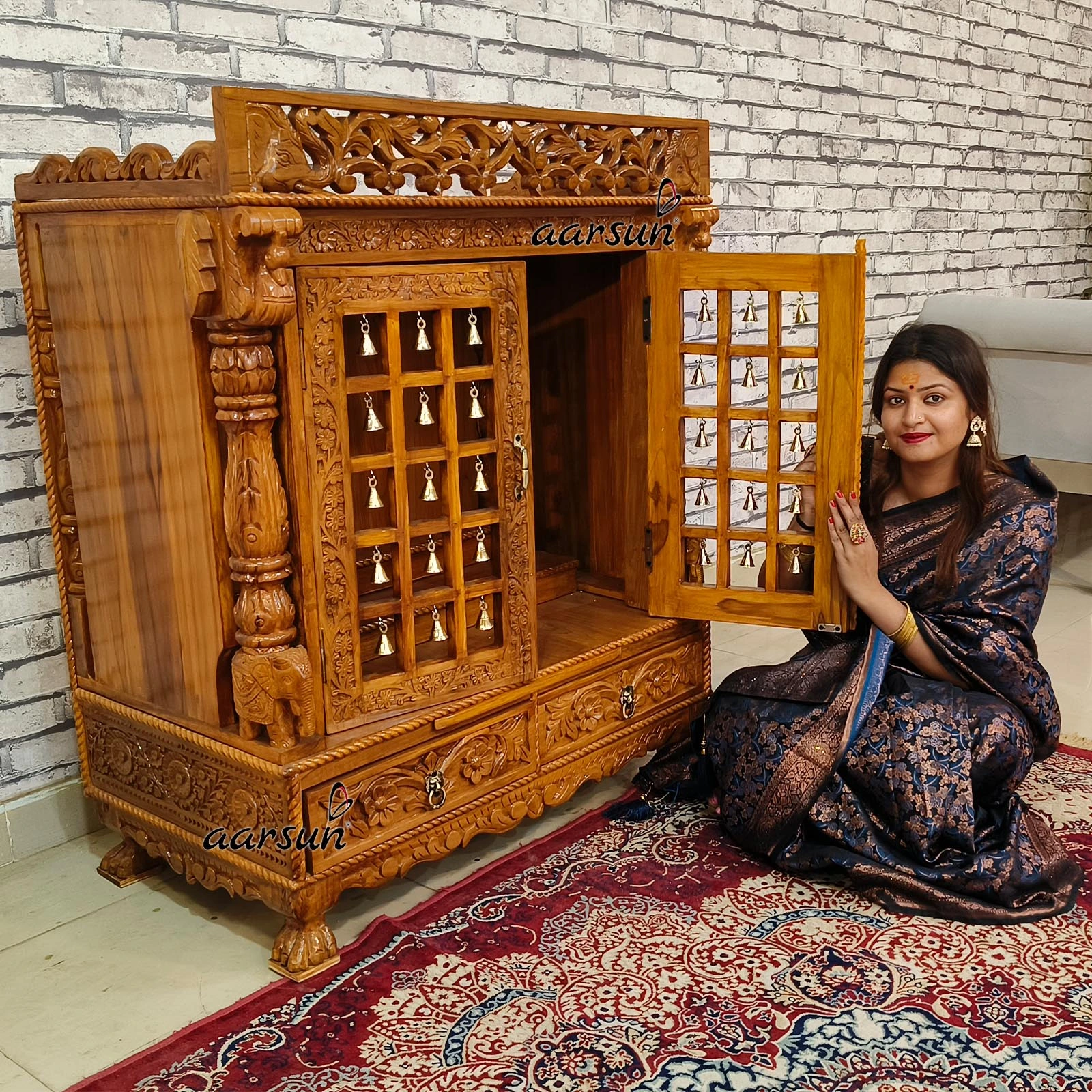 Classic Teakwood Temple with brass bells View 4