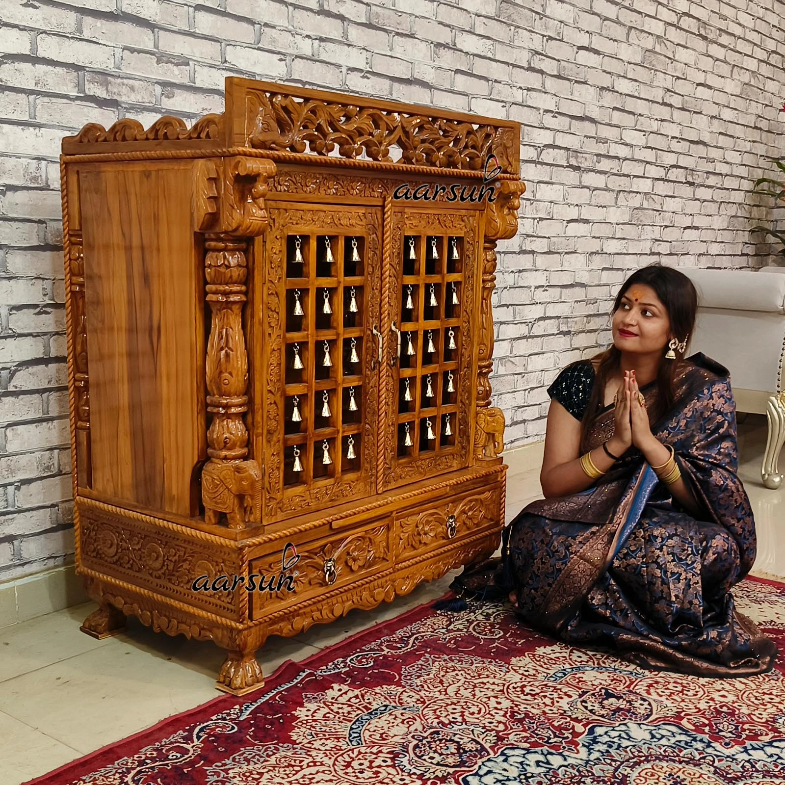 Classic Teakwood Temple with brass bells View 5
