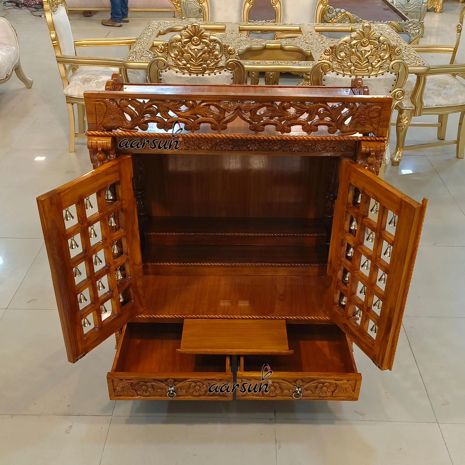 Classic Teakwood Temple with brass bells View 7