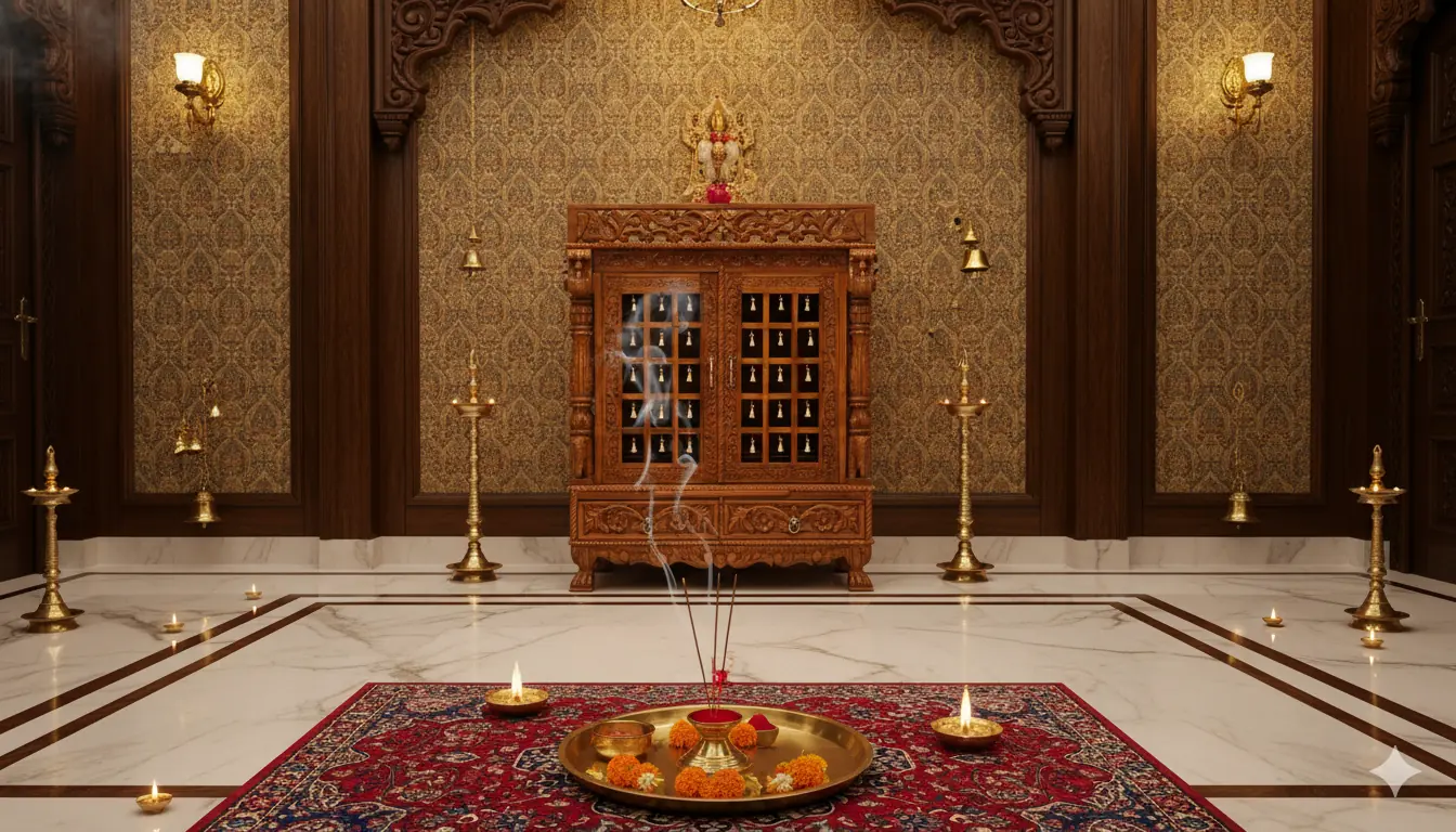 Classic Teakwood Temple with brass bells