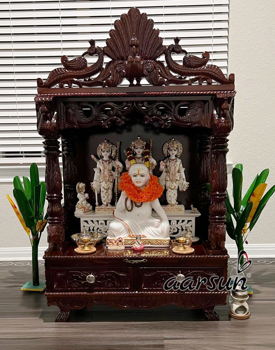 Designer Wooden Temple with Pillars and Peacock Motif