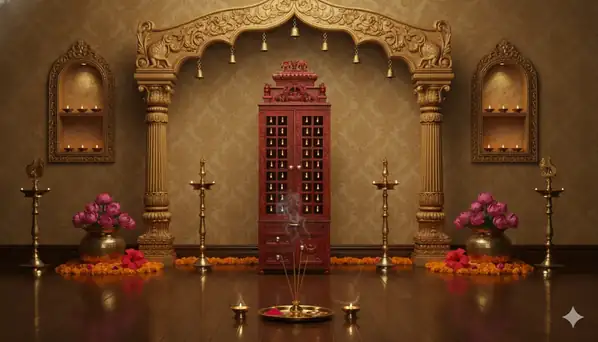 Exquisite hand-carved teak wood temple detail