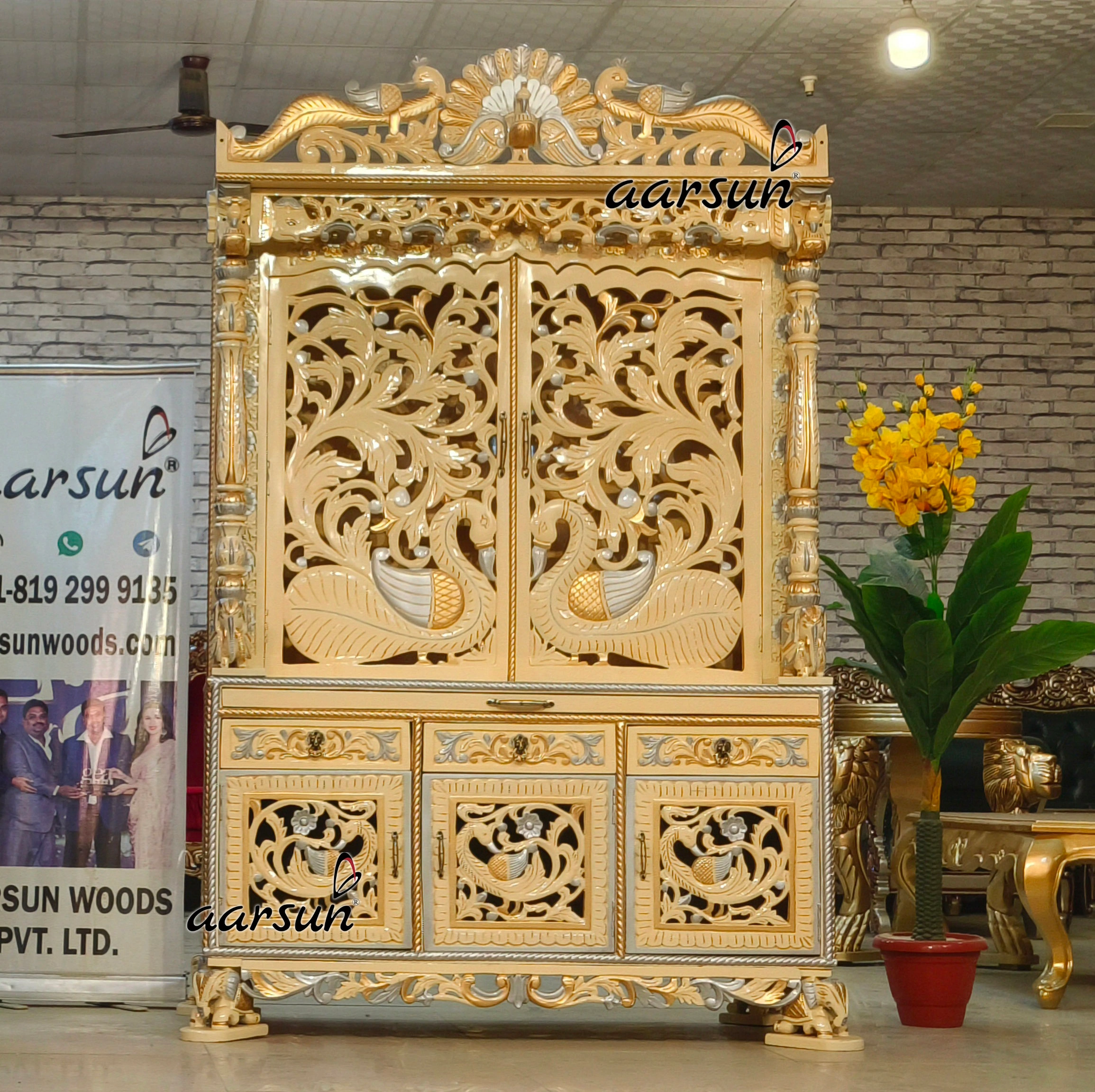 Fully Hand carved Temple with Peacock Carving View 2