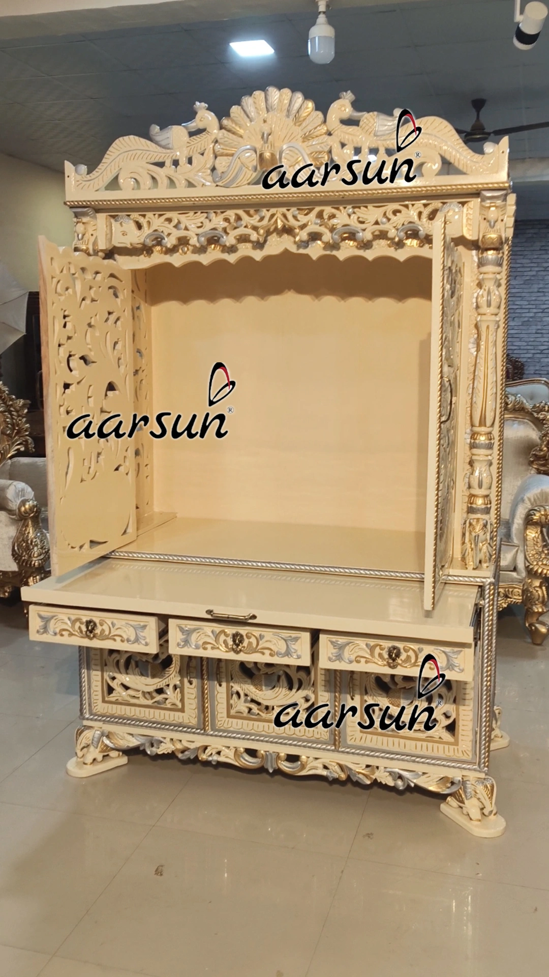 Fully Hand carved Temple with Peacock Carving View 3