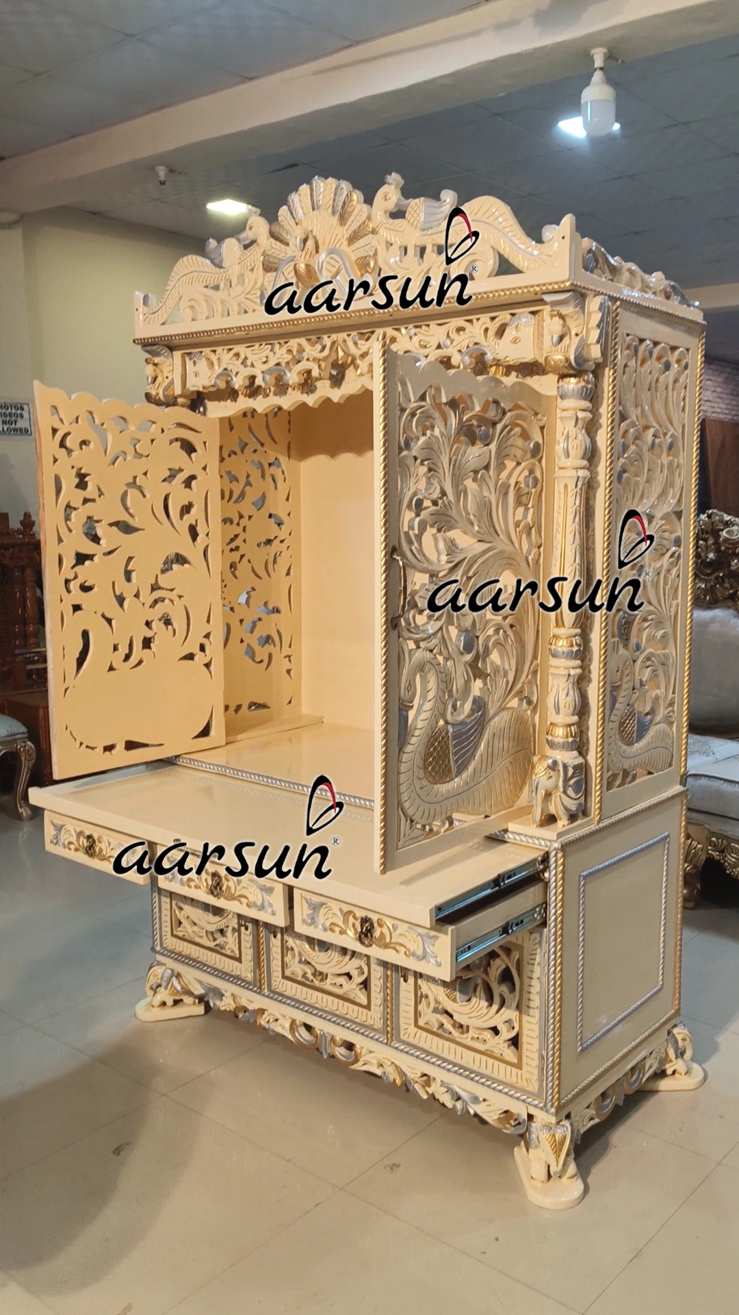 Fully Hand carved Temple with Peacock Carving View 5