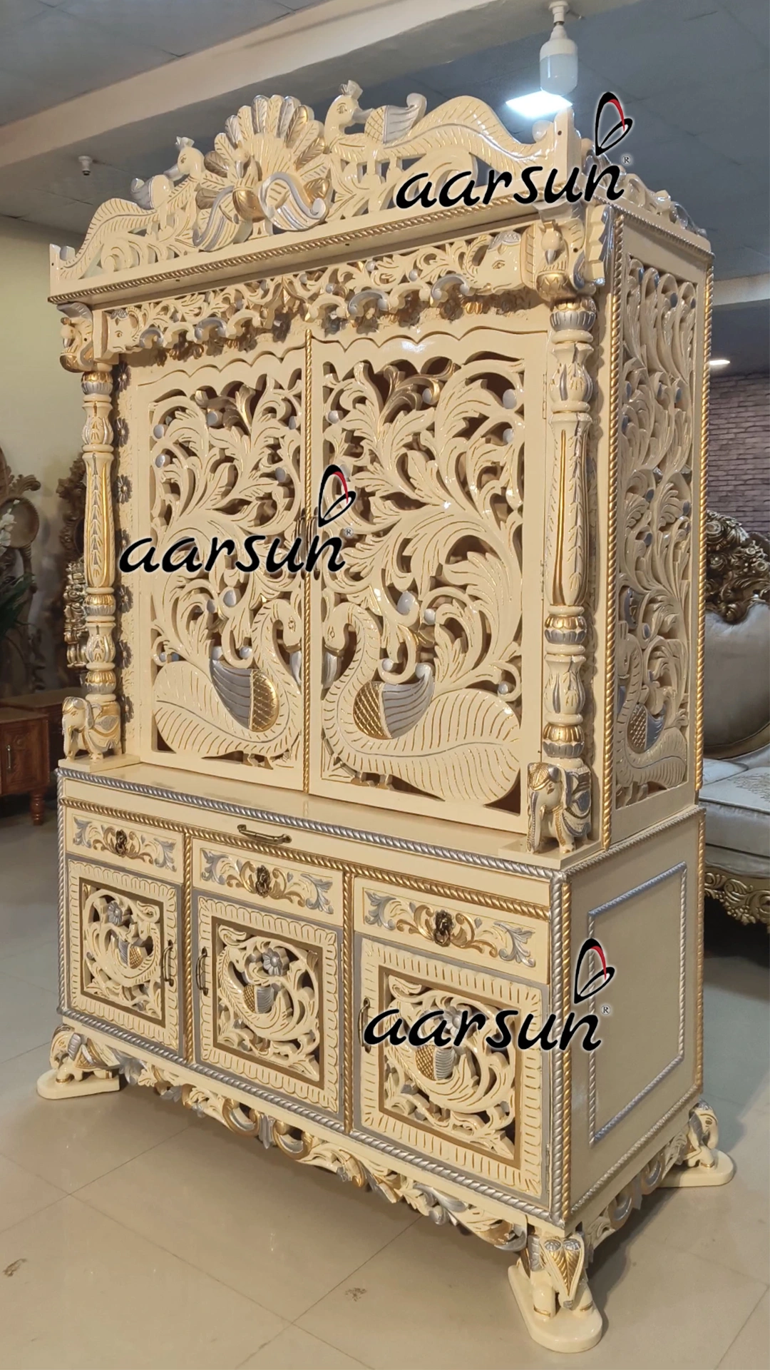 Fully Hand carved Temple with Peacock Carving View 6