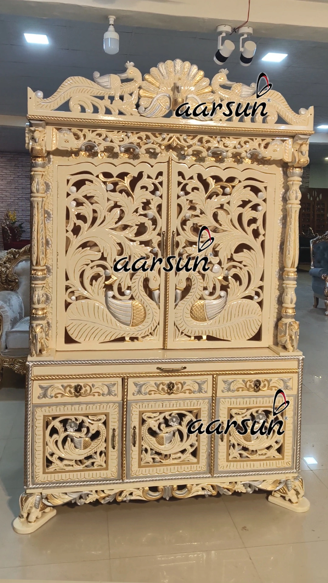 Fully Hand carved Temple with Peacock Carving View 7