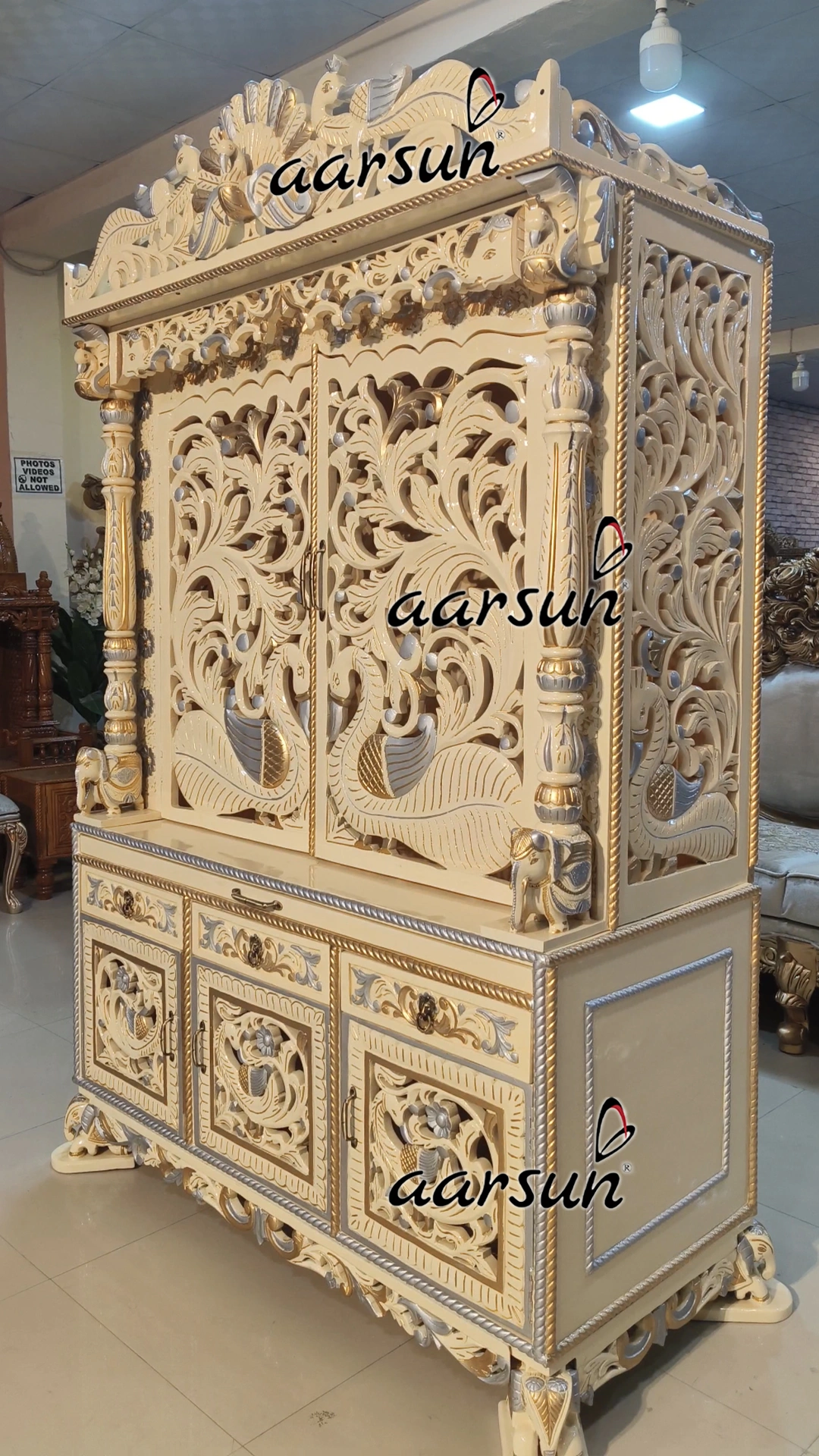 Fully Hand carved Temple with Peacock Carving View 8