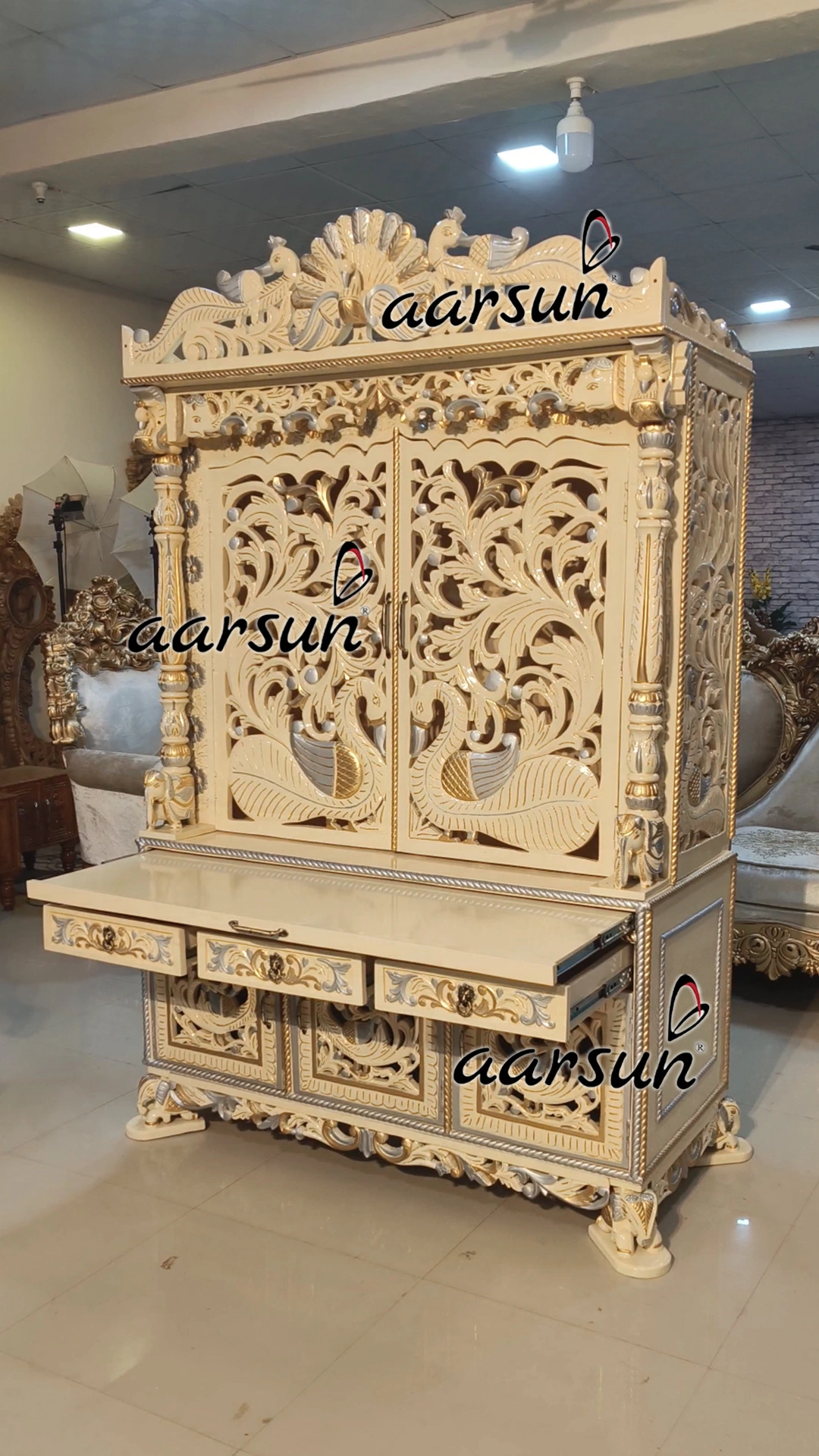 Fully Hand carved Temple with Peacock Carving View 10