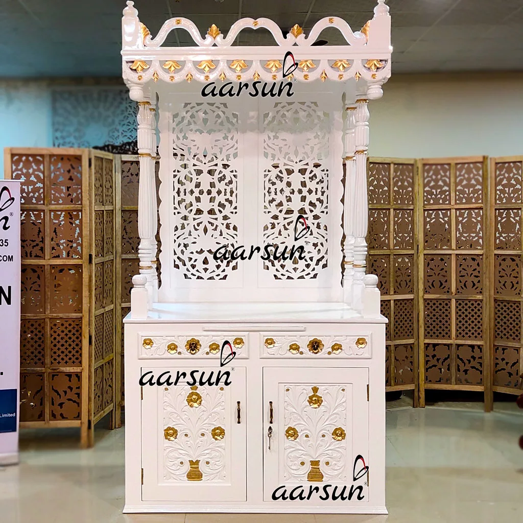 Grand Temple in Marble-Like White Finish Carved in Teak YT-464 View 4