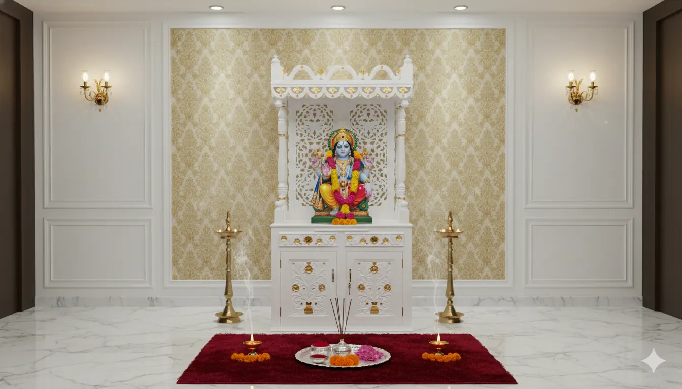 Grand Temple in Marble-Like White Finish Carved in Teak YT-464