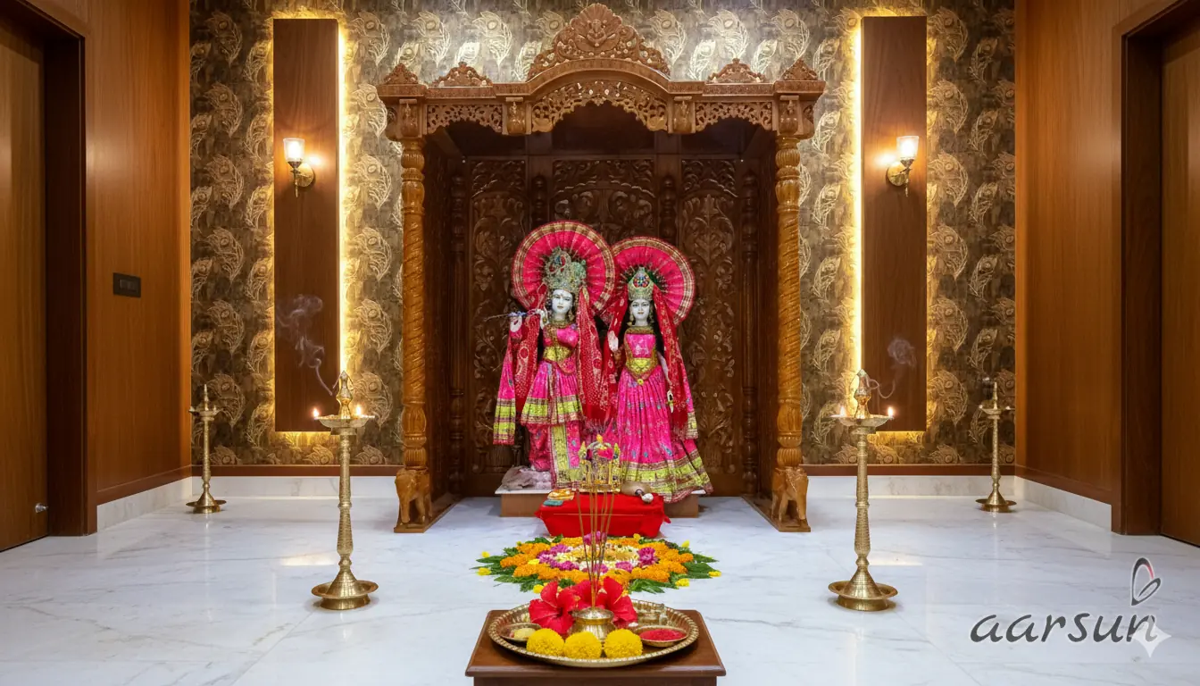Handcrafted Wooden Mandir with Intricate Carving