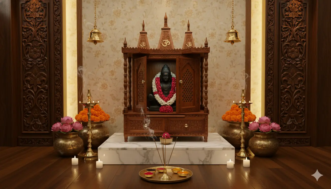 Handmade Wood Temple with Jaali Doors MNDR-0049