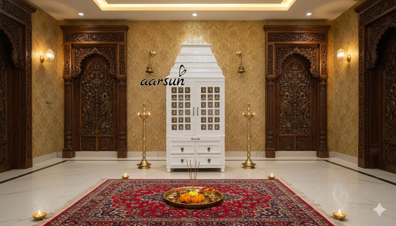 Home Temple Design - Om, Trishul, Swastik, Kalash