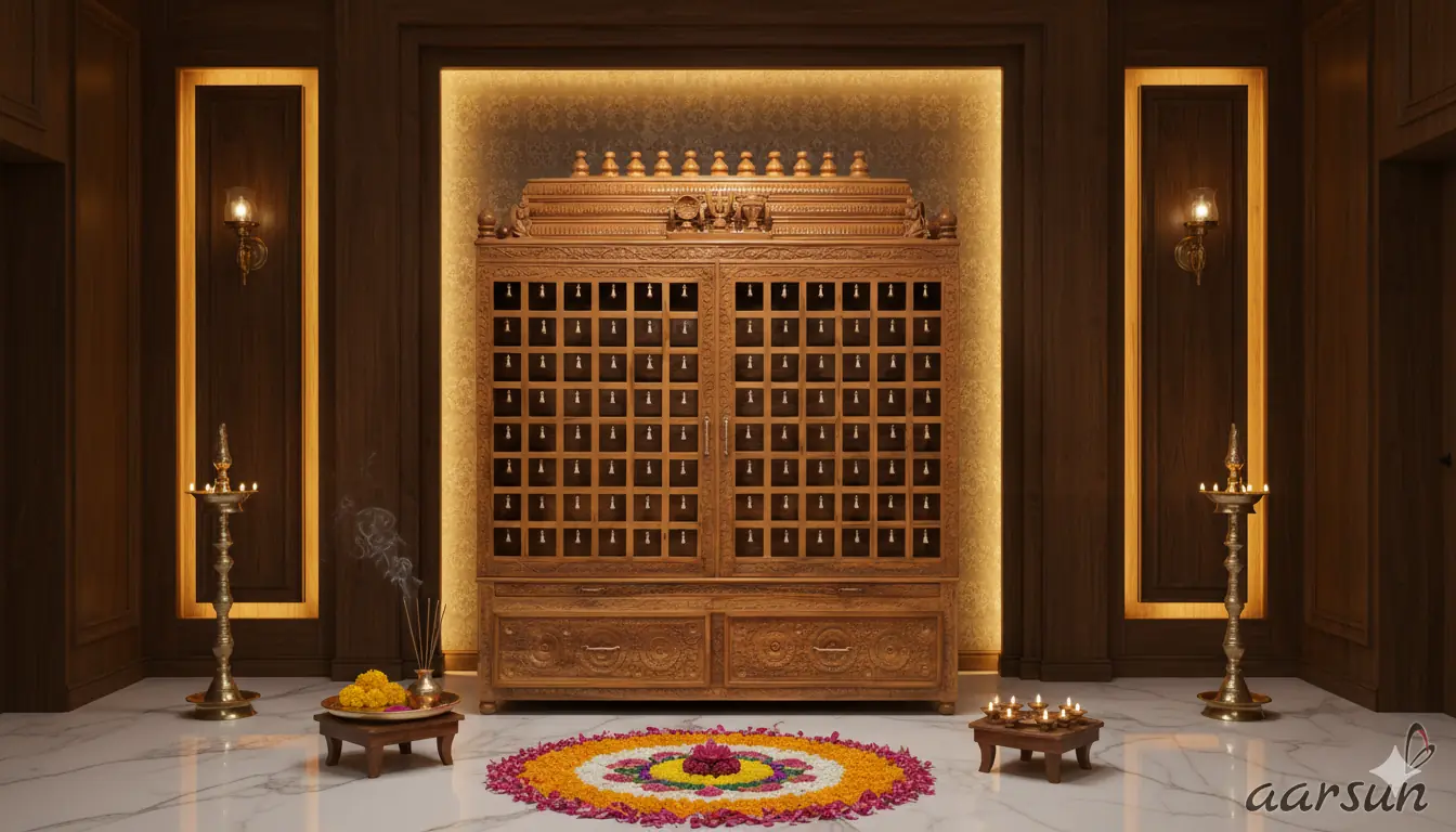 Intricately Carved Wooden Temple with Drawers