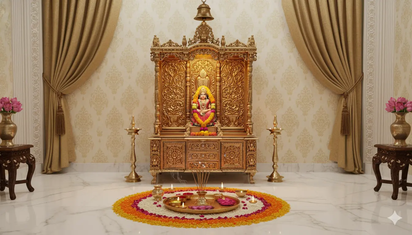 Large Temple in Teak & Gold Finish YT-512