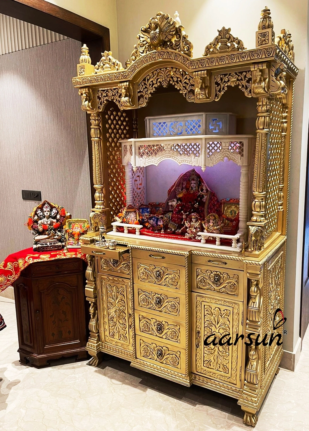 Luxurious Golden Wooden Mandir with Storage Cabinets View 2