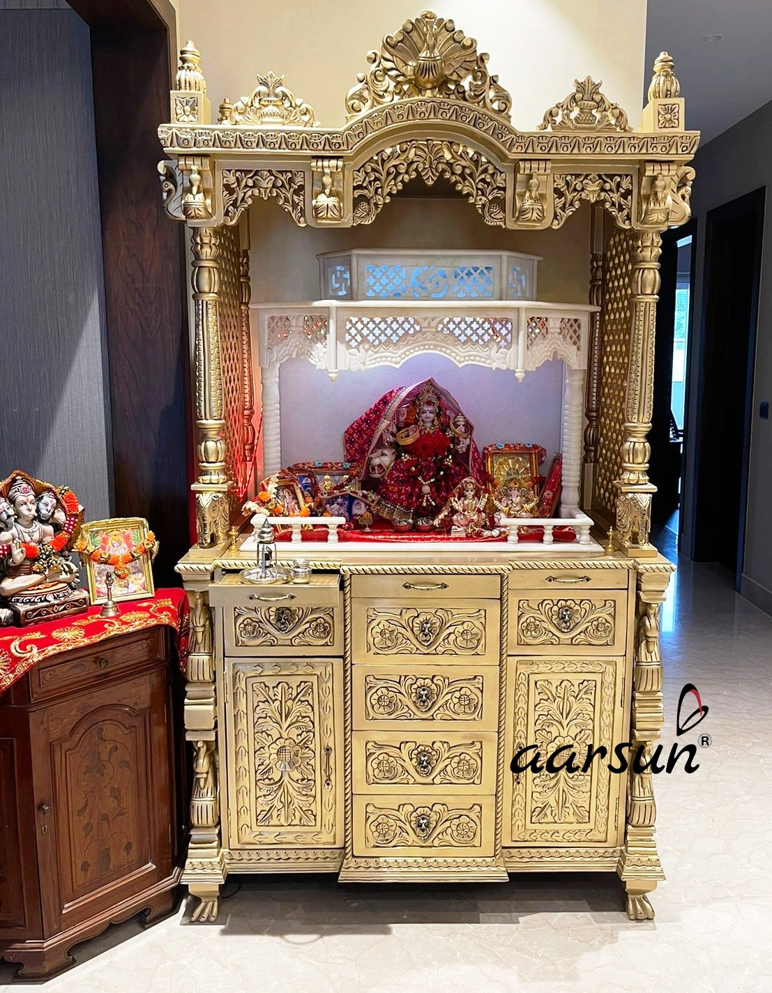 Luxurious Golden Wooden Mandir with Storage Cabinets View 3