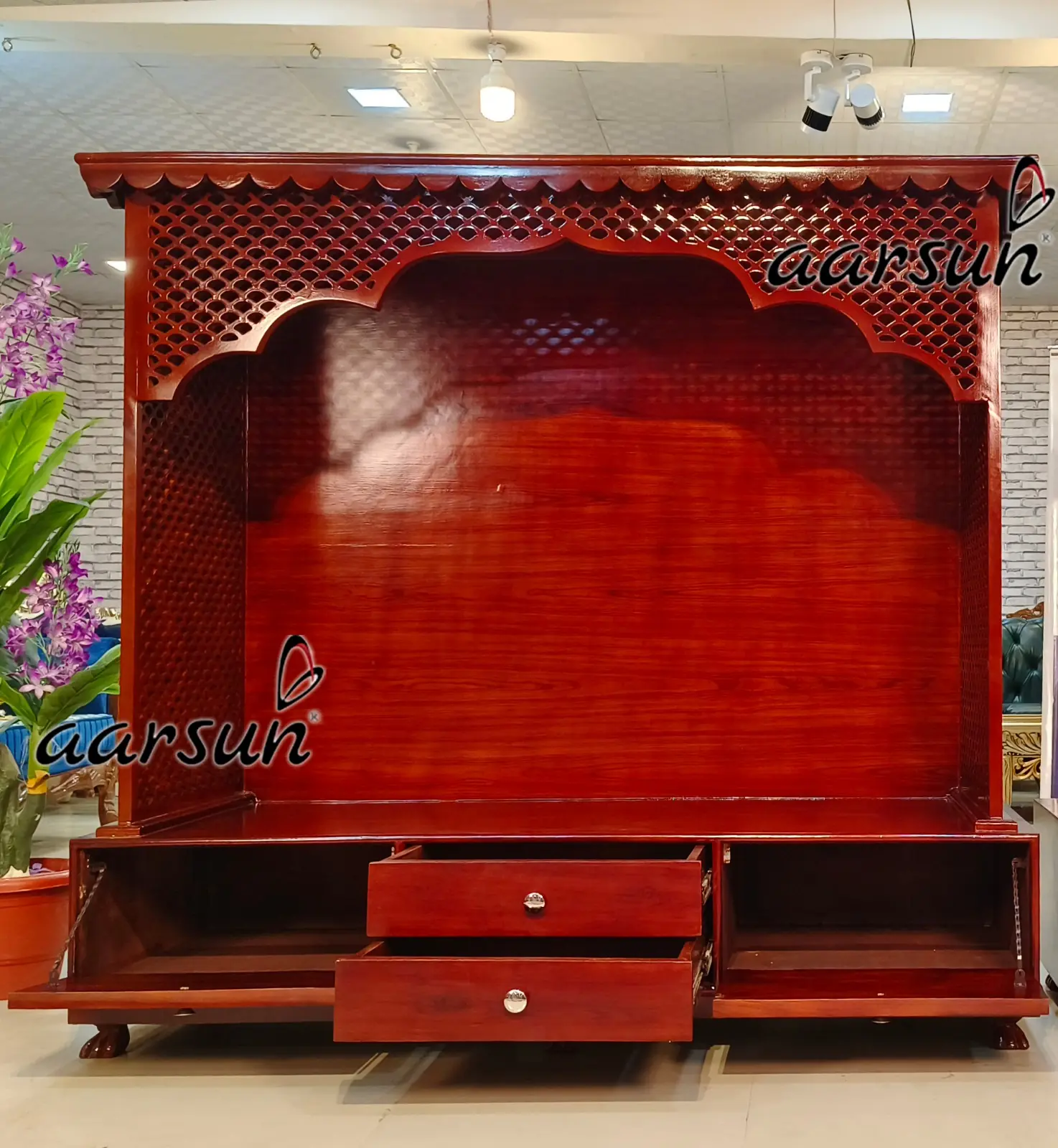 Modern Pooja Mandir for home Wooden Jali design View 2