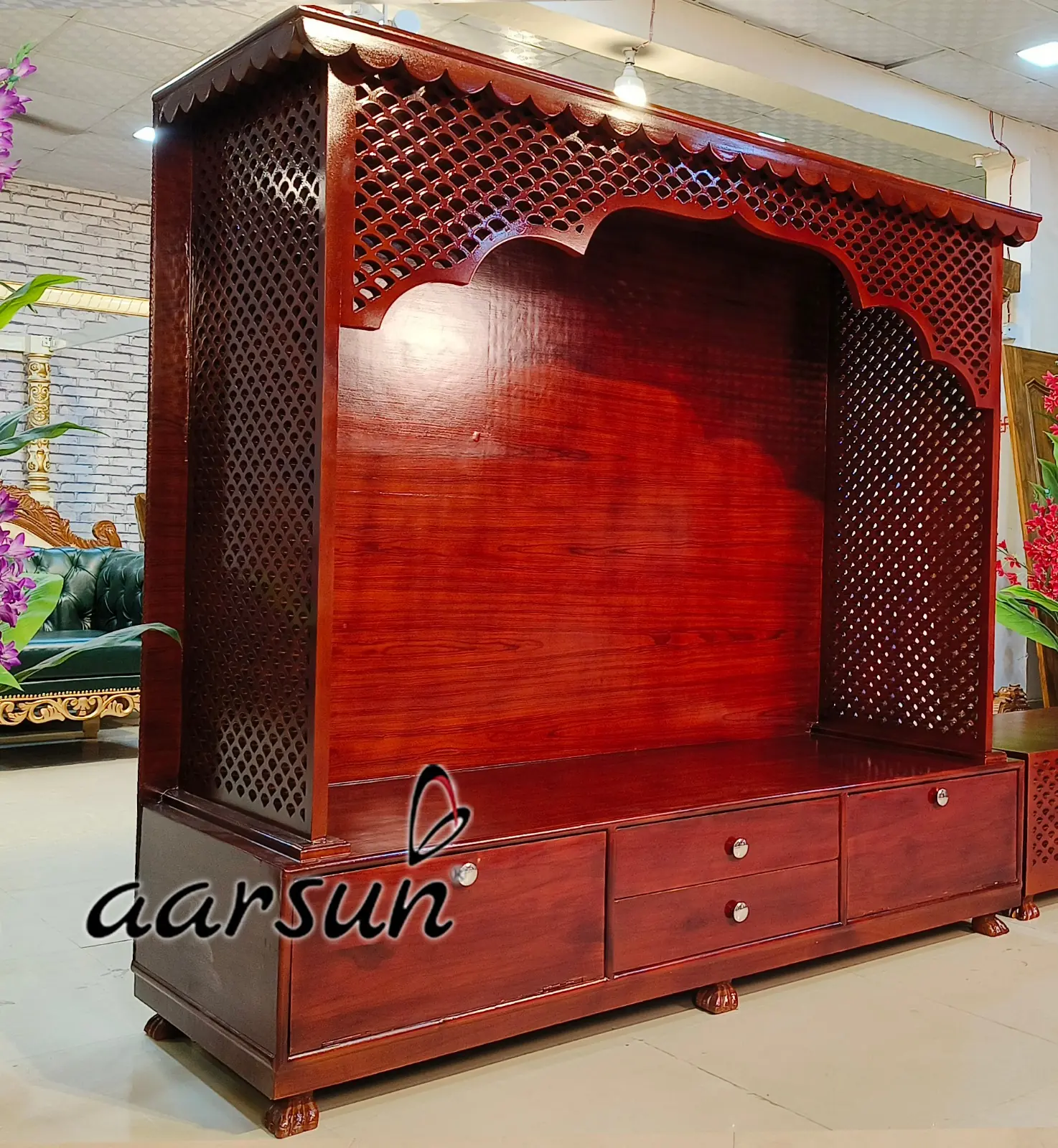 Modern Pooja Mandir for home Wooden Jali design View 3