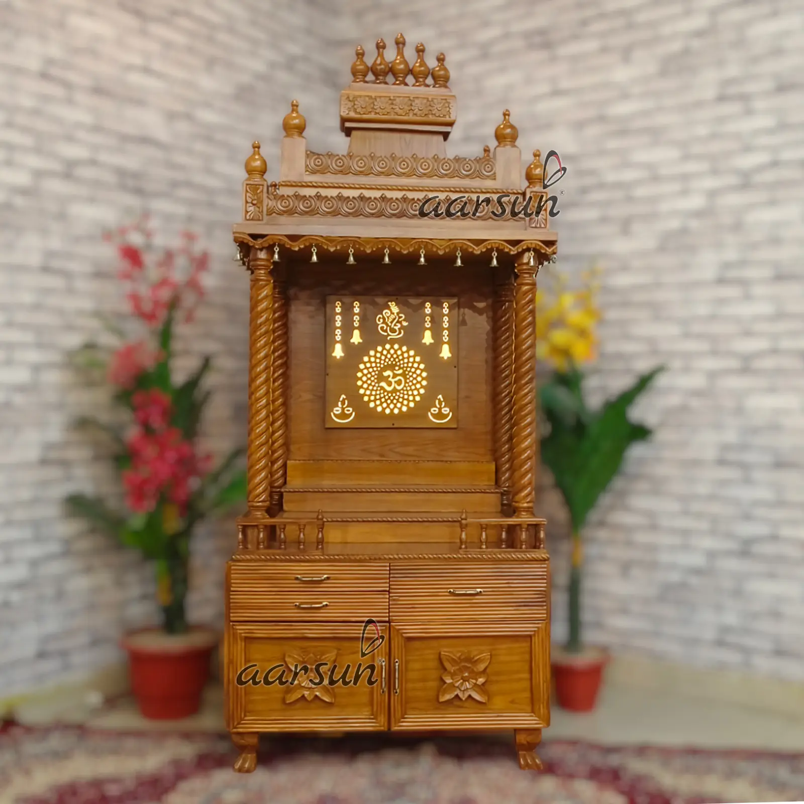 Modern Pooja Mandir with Back Om Design, Jali Work View 9