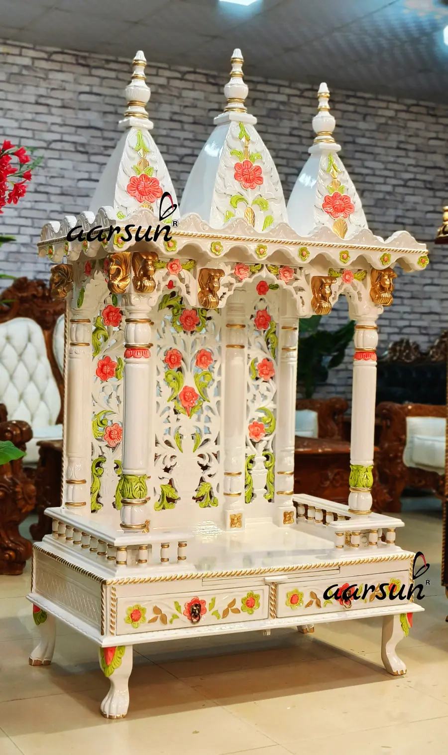 North Indian Design Temple in Marble White Polish View 4