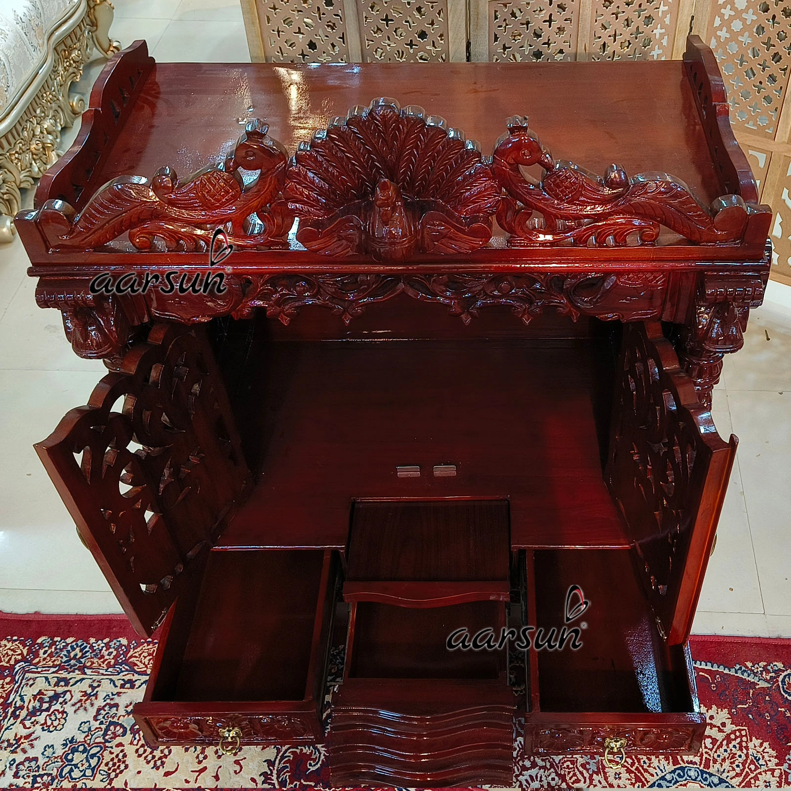 Wooden North Temple Design With Peacock Carving View 2