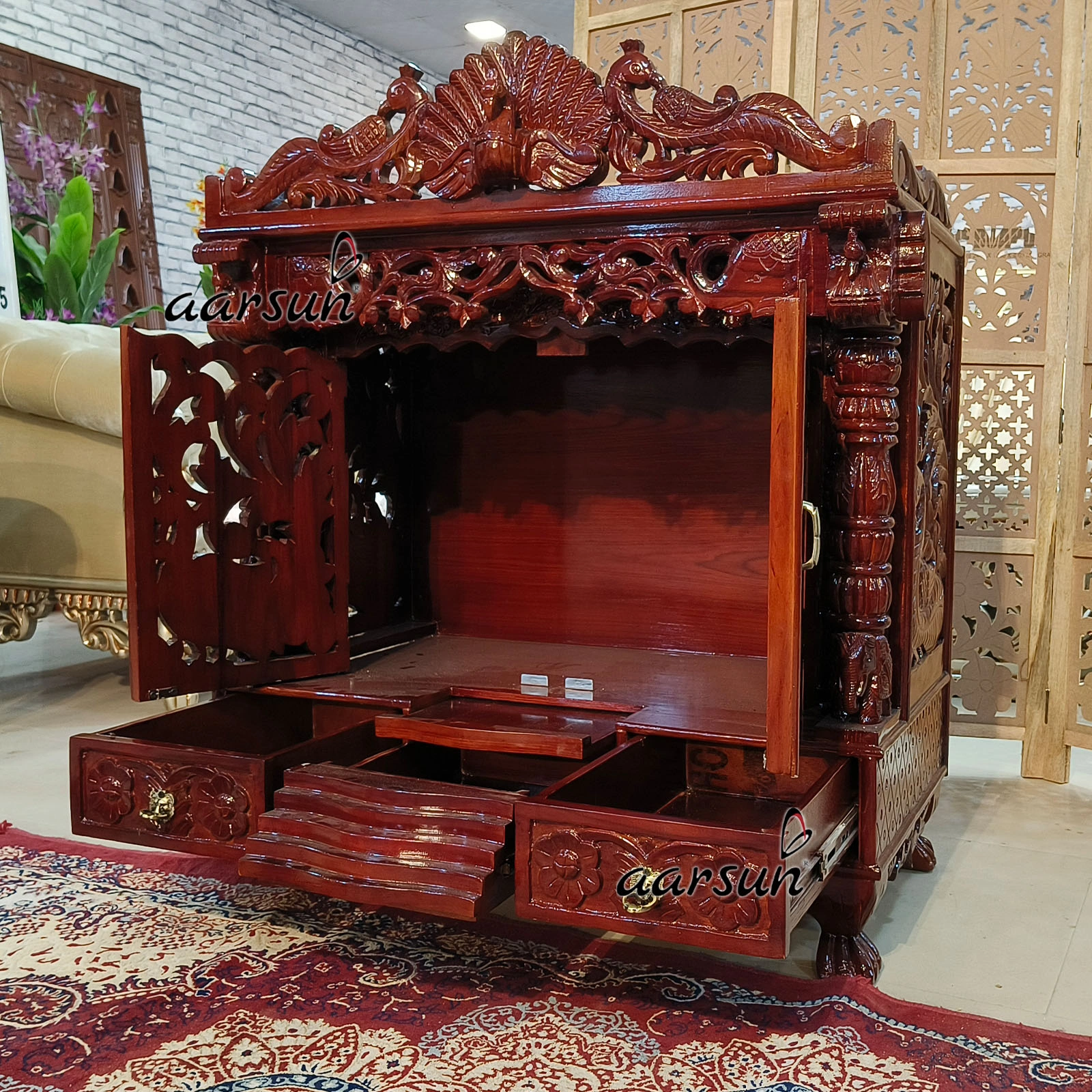 Wooden North Temple Design With Peacock Carving View 4