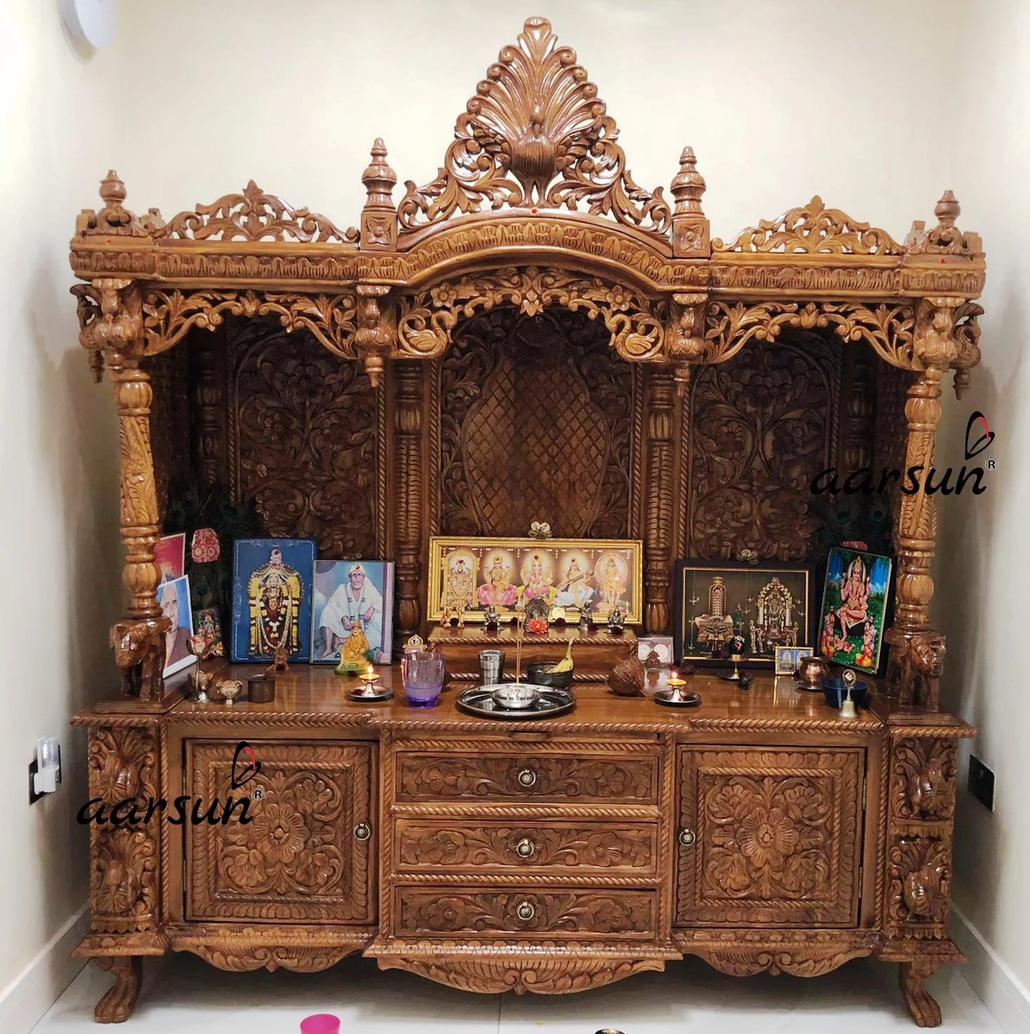 Premium Large Wooden Handcarved Temple with Storage