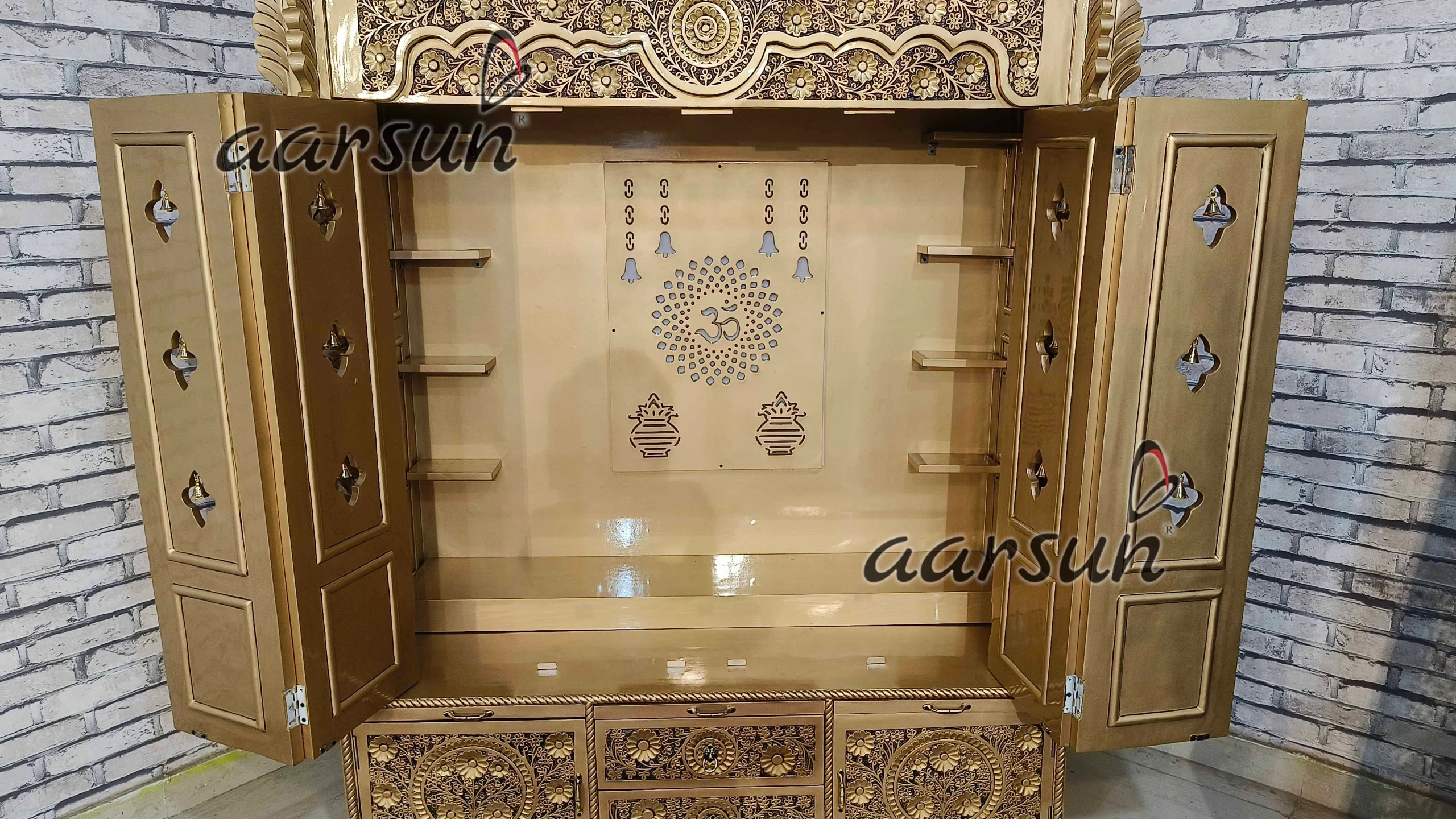 Puja Mandir- Teak wood With Antique Gold Paint View 11