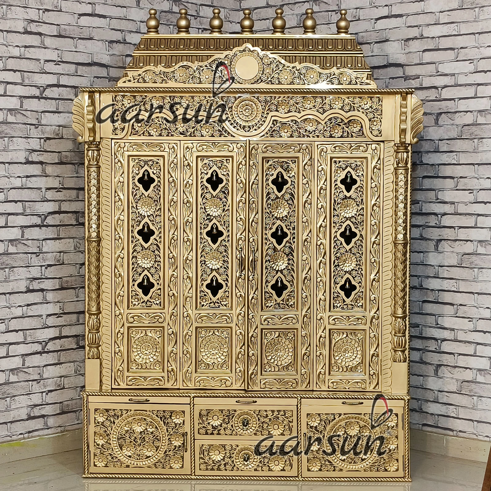 Puja Mandir- Teak wood With Antique Gold Paint View 3