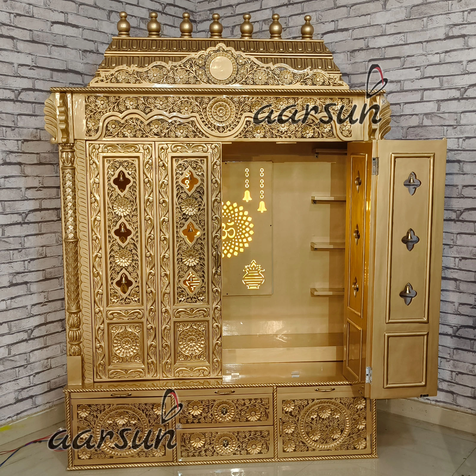 Puja Mandir- Teak wood With Antique Gold Paint View 4