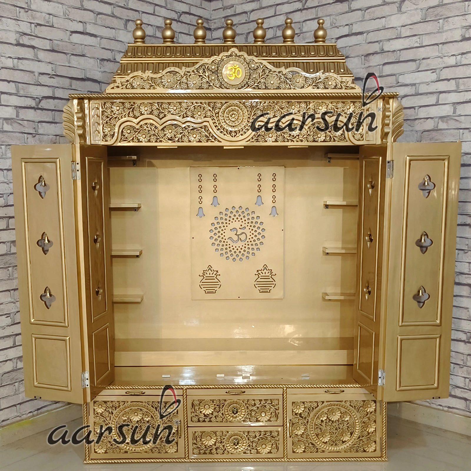 Puja Mandir- Teak wood With Antique Gold Paint View 5