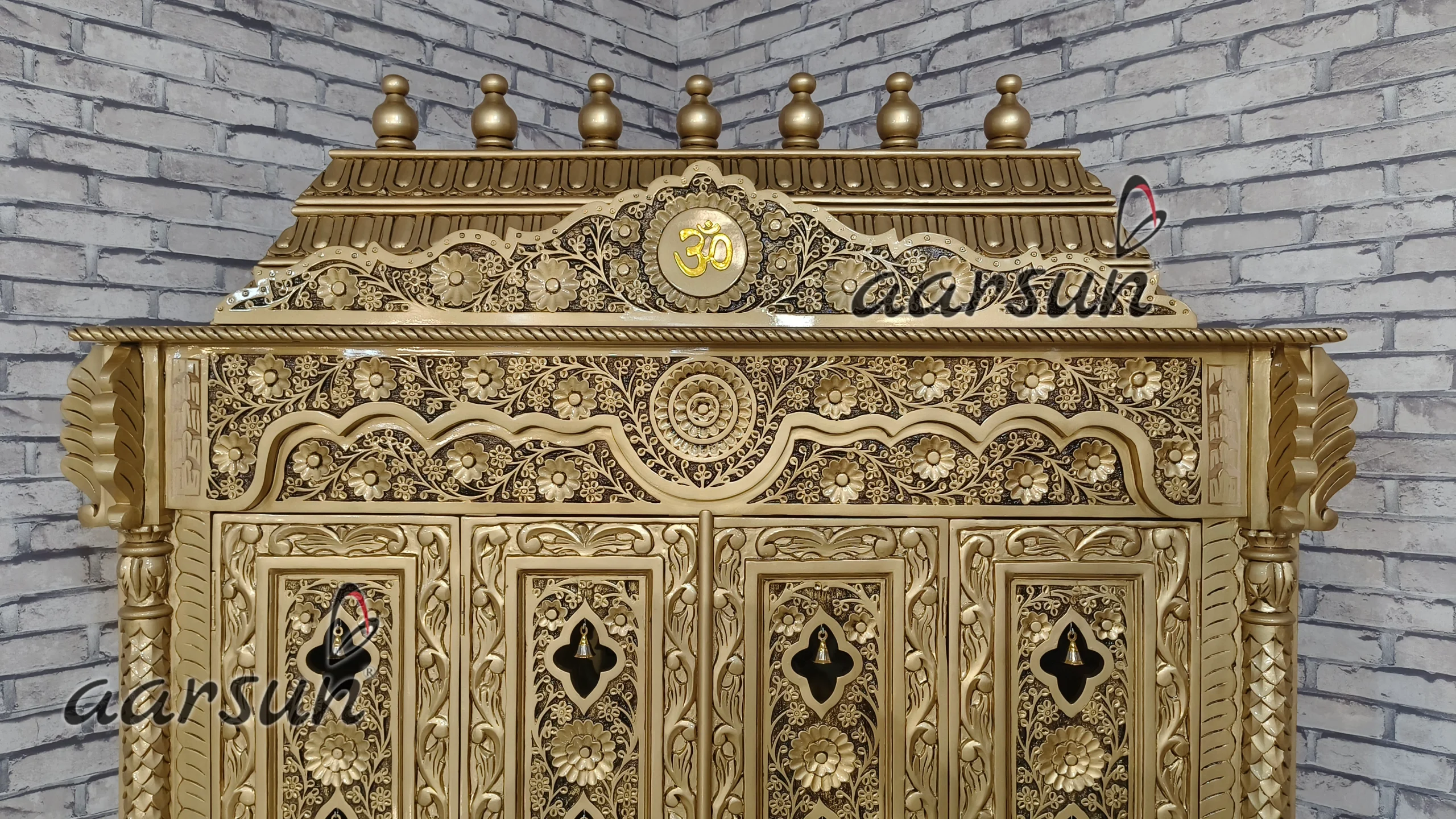 Puja Mandir- Teak wood With Antique Gold Paint View 7