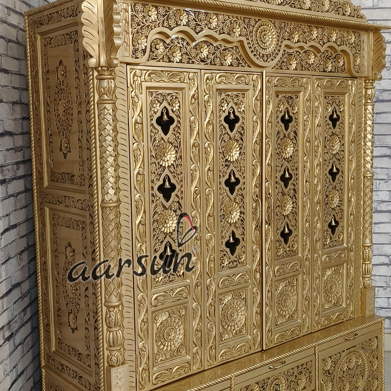 Puja Mandir- Teak wood With Antique Gold Paint View 8