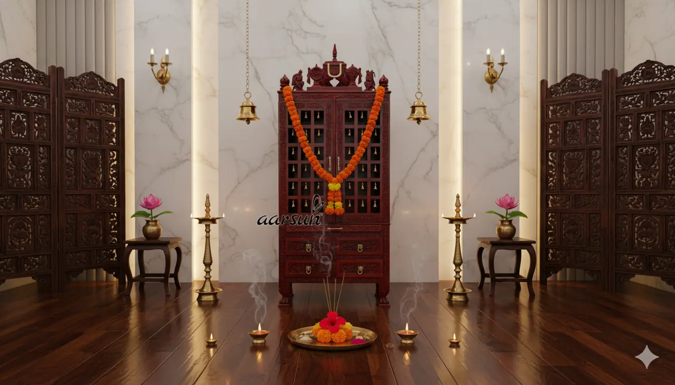 Shankh Chakra Tilak Wooden Temple With Brass Bells