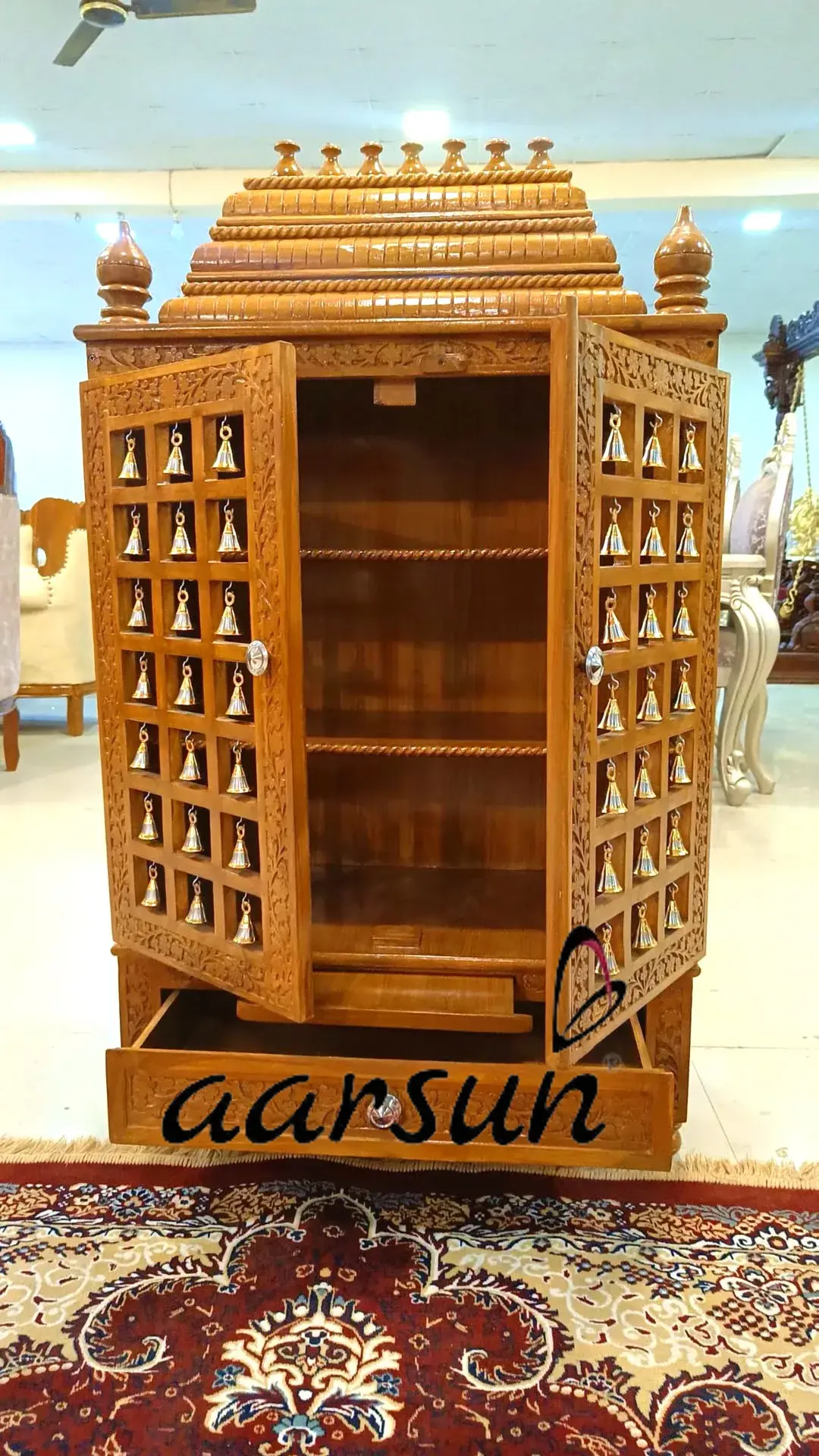 Trending Home Mandir Design Puja Unit with Doors & Brass Bells View 3