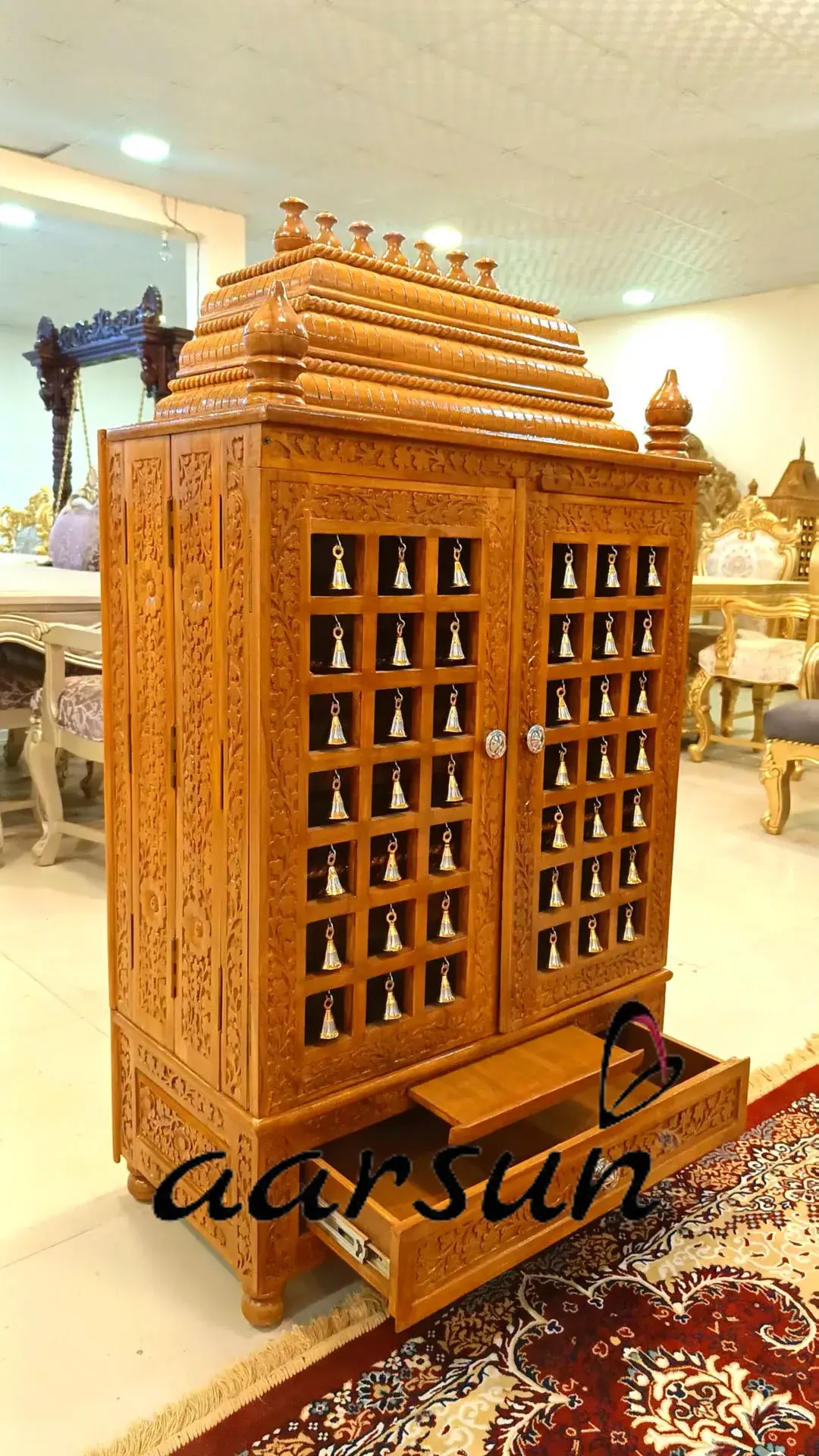 Trending Home Mandir Design Puja Unit with Doors & Brass Bells View 4