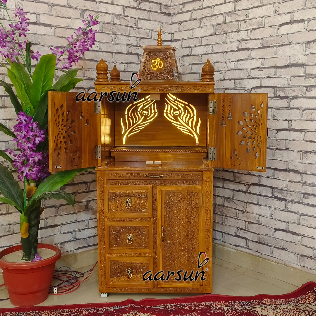 Unique Peacock Feather Panel Design Wooden Temple with LED View 3