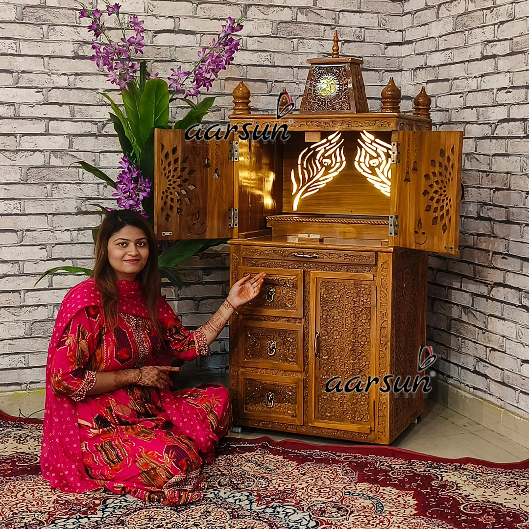 Unique Peacock Feather Panel Design Wooden Temple with LED View 7