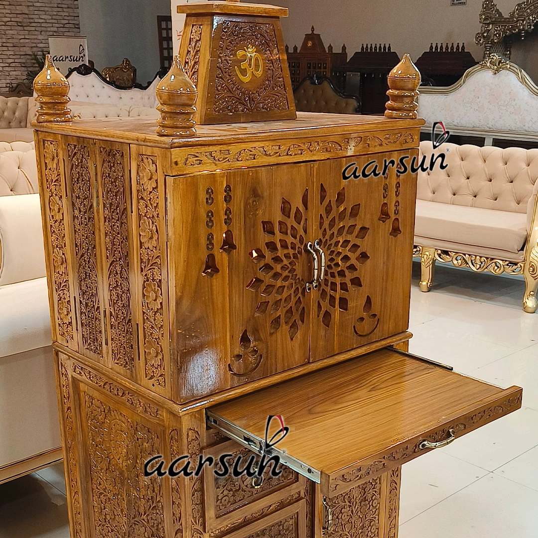 Unique Peacock Feather Panel Design Wooden Temple with LED View 9