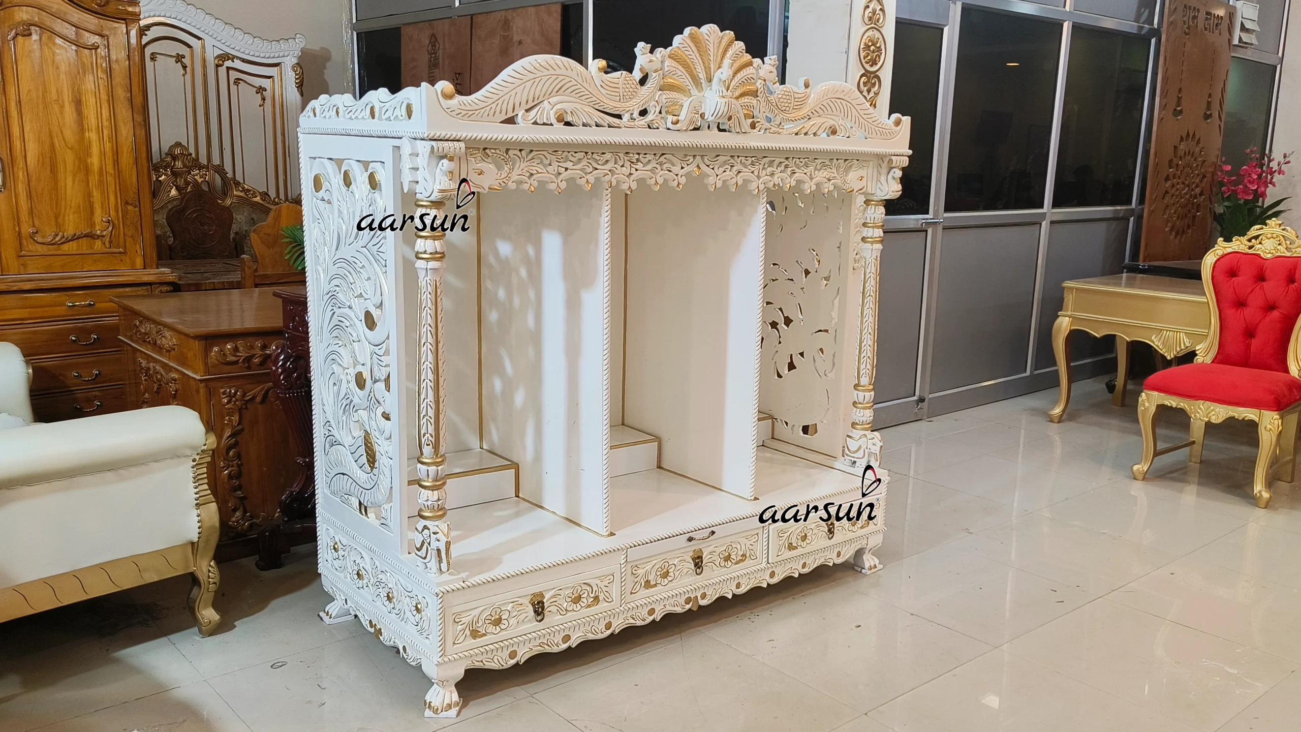 White Temple with Peacock Carving View 3