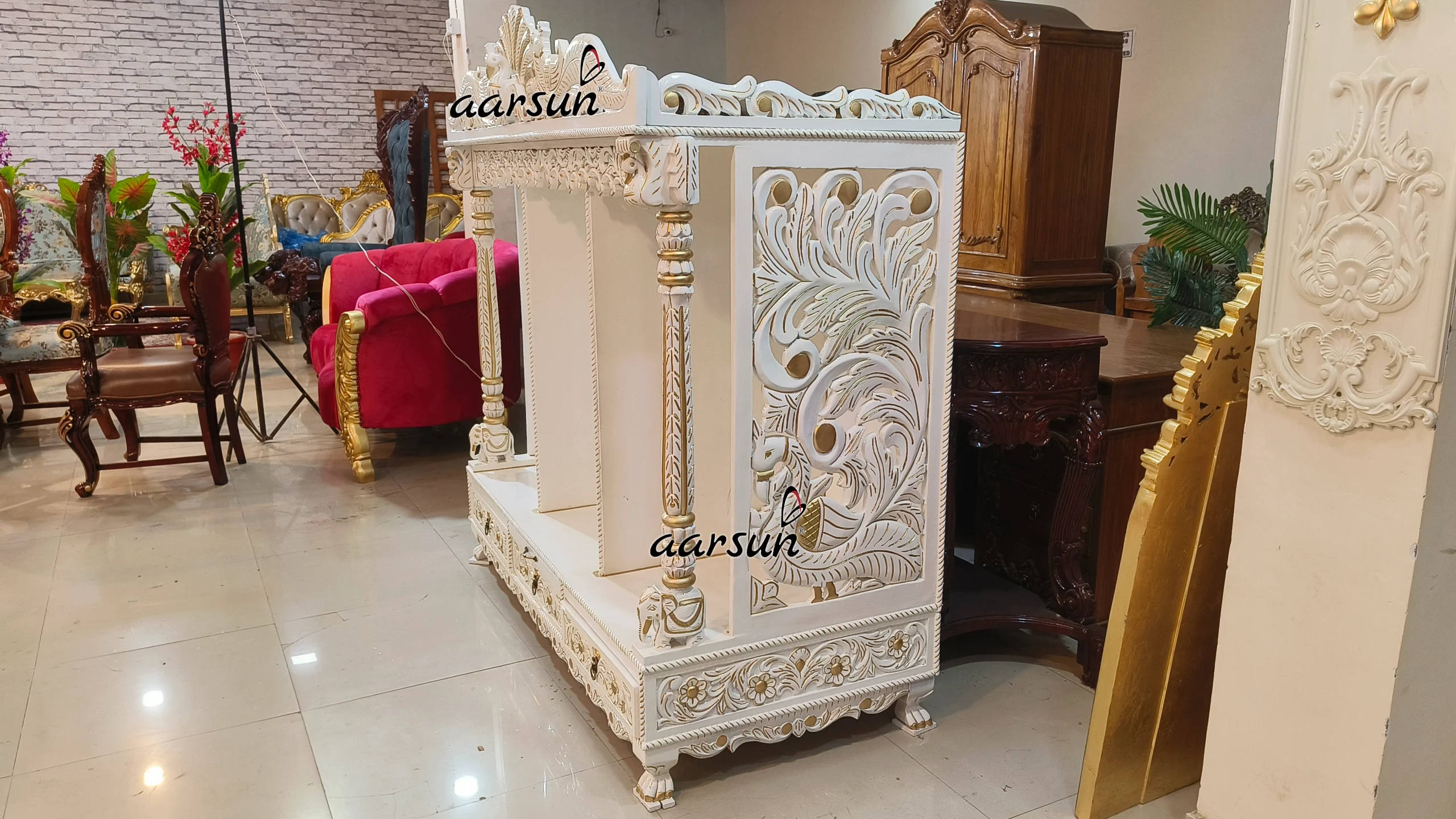 White Temple with Peacock Carving View 4